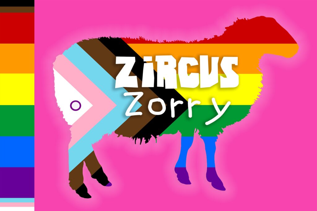 Een schaap met de tekst "Zircus Zorry" op een regenboogvlag.